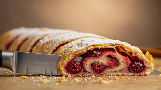 Cherry strudel being sliced into pieces with a sharp knife