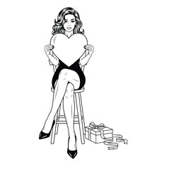 Pin‑Up Woman Holding Heart on Stool with Gift Boxes – Valentine’s Day Line Art Vector