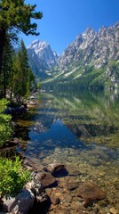 Pristine alpine lake reflecting majestic peaks