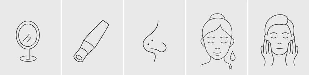 Obraz premium Facial Cleansing and Pore Care Line Art Icon Set, Collection of Blackhead Removal and Skincare Routine Outlines, Includes Mirror and Extractor Tool Symbols, Modern Vector Graphics for Dermatology.