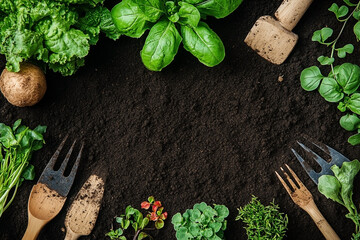 Overhead view of soil, fresh vegetables and gardening tools representing organic farming concept