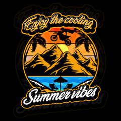Enjoy the cooling summer vibes motivational t-shirt design with  a tropical sunset, palm trees, mountains, beach chairs, umbrella, and a motocross rider silhouette. Print on demand. Jpg