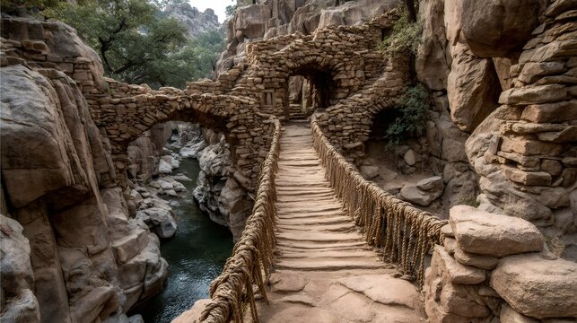 Ancient stone bridge over river canyon. Archeological site with narrow wooden walkway. Historical ruins exploration. Adventure tourism in rocky landscape. Copy space.