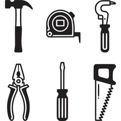 Construction tools isolated on white background featuring a hammer, tape measure, wrench, pliers, screwdriver, and saw, perfect for repair, building, and diy projects