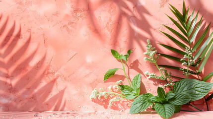 Obraz premium Elegant botanical arrangement with lush green leaves and vibrant pink backdrop for wellness and beauty products