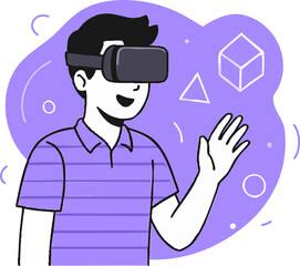 man wearing VR headset, interacting with virtual 3D elements, futuristic purple abstract background.”