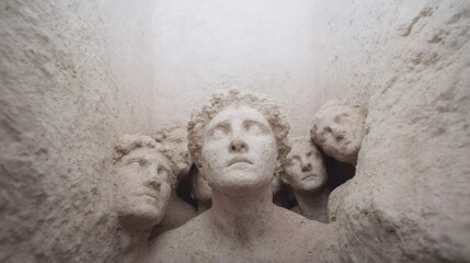 Fototapeta premium Ancient Roman sculpture unearthed during archaeological excavation. Three marble heads emerging from soil. Historical artifact discovery for museum exhibition or research.