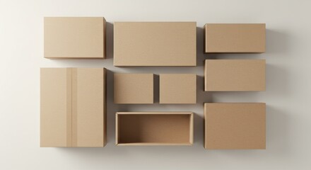 Obraz premium Minimalist Top-Down View of Neatly Arranged Cardboard Boxes, One Open and Empty.