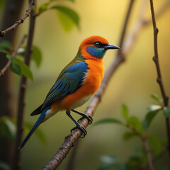 Obraz premium Colorful Bird Perched on Branch with Vibrant Orange and Blue Feathers