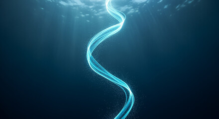 Glowing blue DNA strand underwater with sun rays