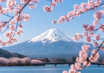 Iconic mount fuji in spring surrounded by blooming cherry blossoms and a tranquil lake