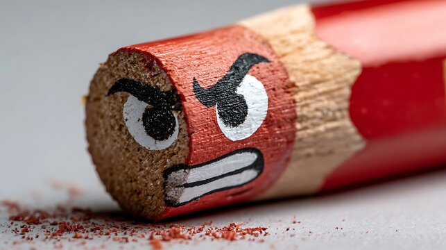 Close up of a sharpened red pencil with an angry face drawn on the wood shavings and tip