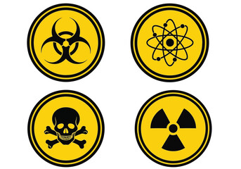 Vector art of set of four yellow and black warning hazard symbols including biohazard, atom, skull and crossbones, and radiation