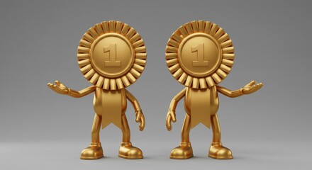 Fototapeta premium Two Gleaming Gold First Place Award Ribbon Characters Posing Together.