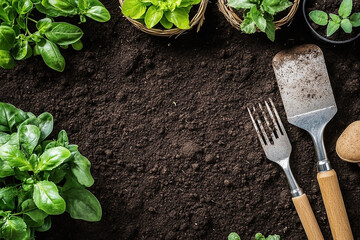 Botanical arrangement featuring basil plants, garden tools, and fertile soil