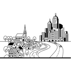 Obraz premium Black and White Vector of Village to City Transition with Road and Cars