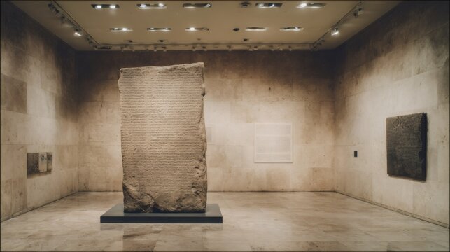 Ancient clay tablet exhibit in museum gallery. Archeological artifact on display. Historical Mesopotamian cuneiform writing. Educational showcase of early civilization's communication.