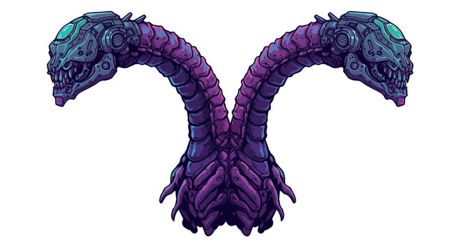 Futuristic two-headed robotic dragon with purple and blue metallic armor