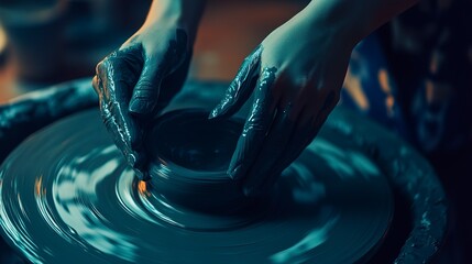 Hands shaping clay on a pottery wheel, illustrating the art of creation and craftsmanship in a studio