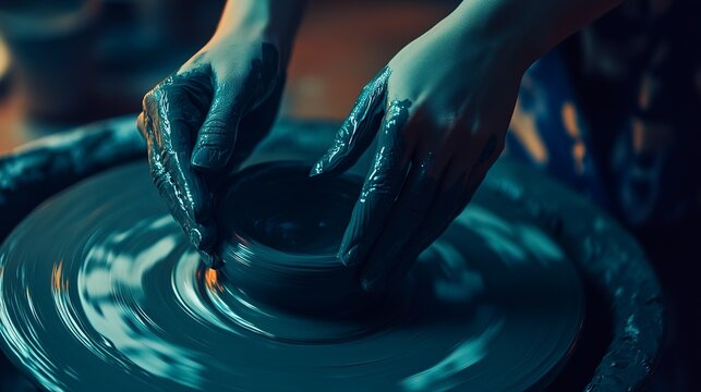 Hands shaping clay on a pottery wheel, illustrating the art of creation and craftsmanship in a studio
