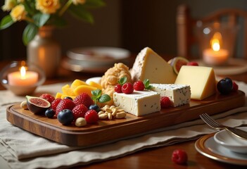 relaxing cheese board seasonal fruits nuts elegant table setting gourmet experience, spread, tasting, platter, appetizer, arrangement, textures, colors
