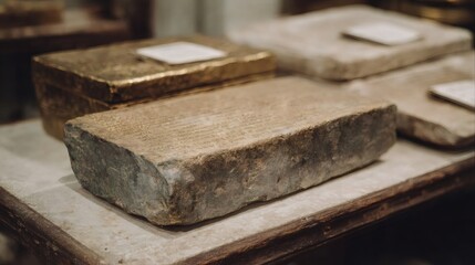 Ancient stone tablets on wooden table. Archaeological artifacts from historical excavation. Preserved relics for museum display. Historical research and cultural heritage concept