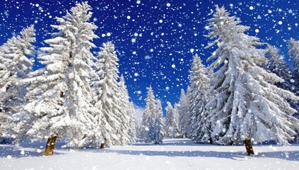Snowy fir trees under a bright blue sky