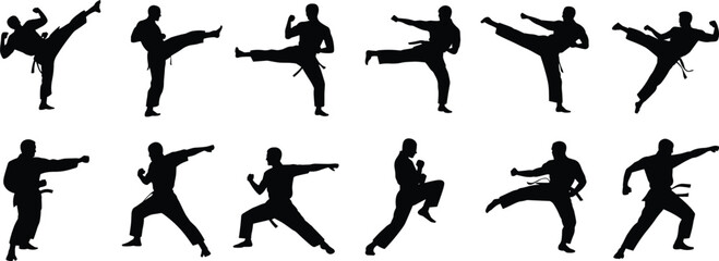 Martial arts silhouette illustration collection, twelve dynamic poses with kicks, punches, and stances, black vector art for combat, sport, training, self‑defense, fitness themes