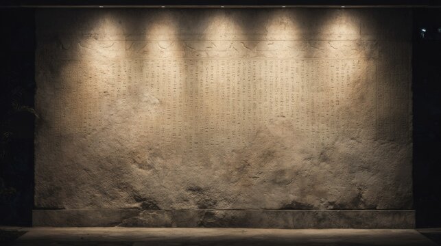 Ancient stone wall with hieroglyphic inscriptions illuminated by spotlights. Archaeological exhibition backdrop. Historical artifact display for museum or educational purposes.