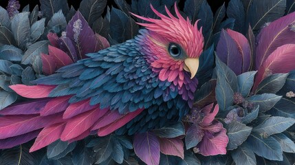 Obraz premium Colorful Bird Perched on Vibrant Leaves in Intricate Artistic Design