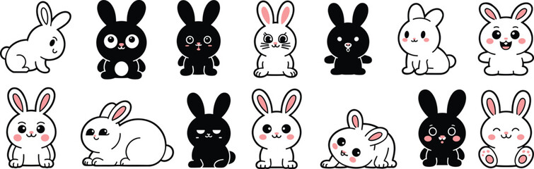 Cartoon rabbit illustration collection, twelve cute bunny designs in varied poses and expressions, black and white vector art for animal, Easter, pet, wildlife, playful themes