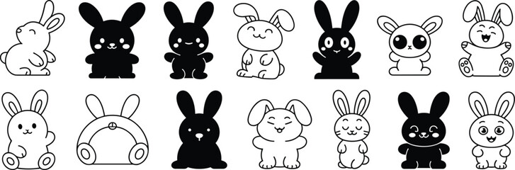 Cartoon bunny illustration collection, twelve playful rabbit designs in various poses and expressions, black silhouette and outline vector art for animal, cute, Easter, wildlife themes