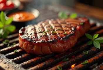 delicious sizzling premium steak juicy grilled meat foodie delight wooden grill perfectly cooked charred aroma, flame, barbecue, bbq, smoky, texture, crispy