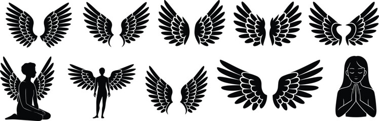 Wing and winged figure silhouettes, twelve unique designs including angel wings, seated and standing figures, black vector illustration for fantasy, spiritual, celestial, decorative