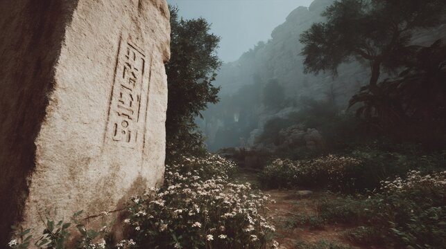 Ancient stone stele with hieroglyphics in misty forest. Archeological discovery in mysterious landscape. Historical artifact surrounded by white flowers. Exploration concept.