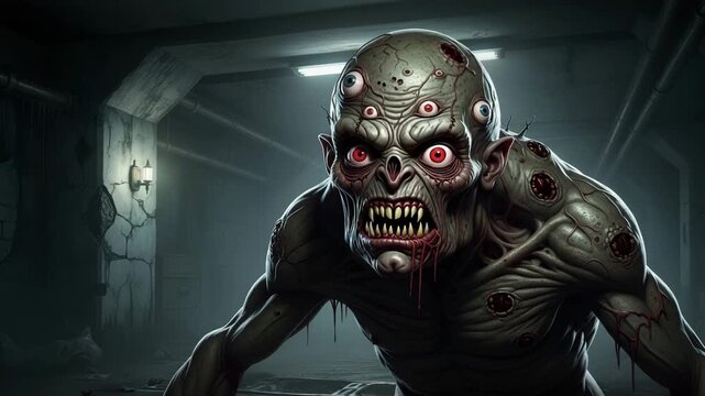 A creepy monster with an open mouth and many eyes in a dark dungeon. Ideal for horror projects, games, movies. The concept of fantastic horror and mutants.