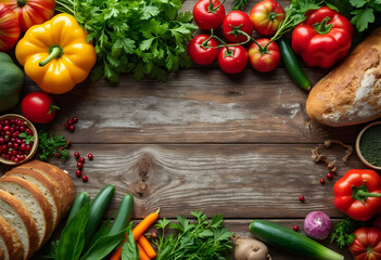 Fresh vegetables and bread frame a rustic wooden surface, creating an inviting space for culinary creations and healthy eating concepts.