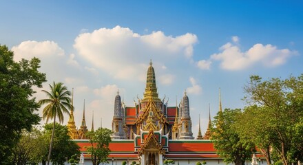 Naklejka premium Majestic thai temple complex amidst lush greenery under a bright blue sky