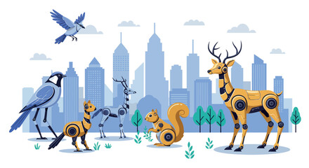 Robotic animals in cityscape: futuristic mechanized wildlife and urban skyline