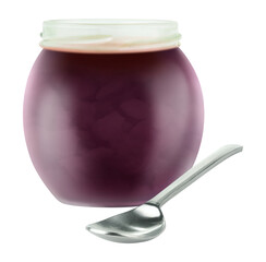 Blueberry jam in open glass jar with spoon isolated on white bakground