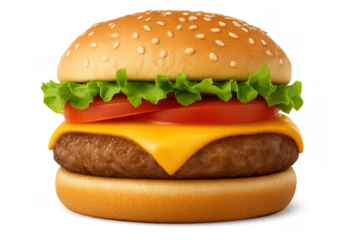 Delicious cheeseburger with lettuce and tomato on transparent background