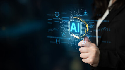 AI circuit microchip with glowing blue lines, surrounded by legal scales, warning symbols, data sheets, and binary codes, representing ethical AI, AI governance, and data integrity Latch