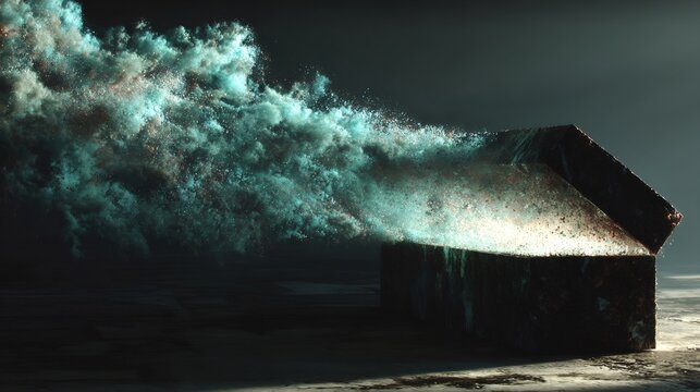 Mysterious glowing turquoise smoke emerging from ancient stone structure at night. Archeological discovery concept. Eerie paranormal phenomenon in abandoned building.