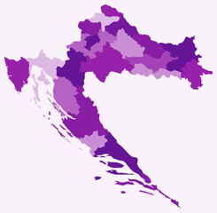 Map of Croatia with regions. Just a simple country border map with region division. Purple color palette. Blank Croatia shape with administrative division. Vector illustration.