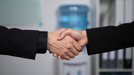 Two people shaking hands in an office setting with a water cooler in the background