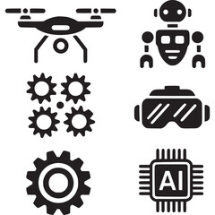 Fototapeta premium Robot, drone, gear icons, AI chip, futuristic technology symbols, black on white