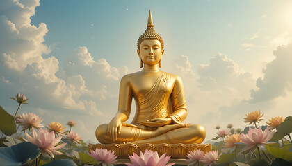 "Majestic golden Thai Buddha statue in meditation pose, full of spiritual presence and peaceful power, surrounded by soft glowing lotus flowers and subtle sparkles, set under a clear blue sky with flu