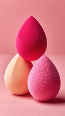 Three makeup sponges in vibrant colors, stacked in a triangular form on a pink background