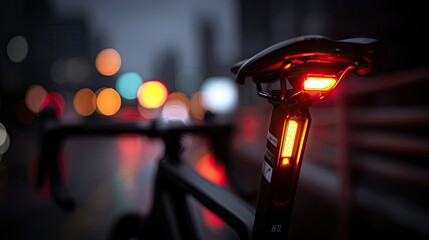 Close-up of a bicycle seat post with a rear light.  City lights blur in the background.  Rain is implied