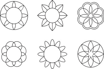 Six ornate floral embellishments isolated on white background